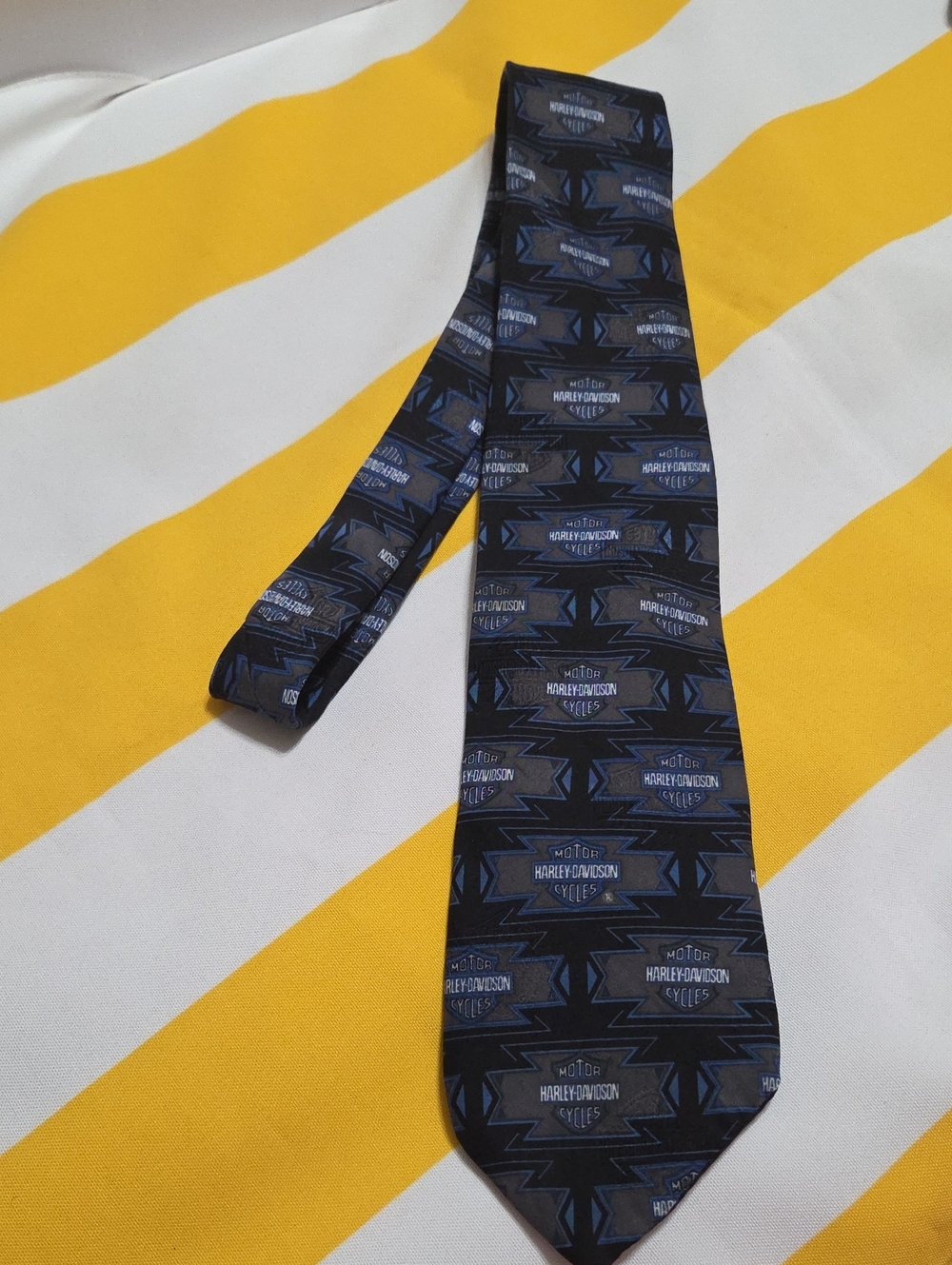 Harley Davidson Ralph Marlin 100% Silk Tie Black Blue Bar Shield Motorcycle